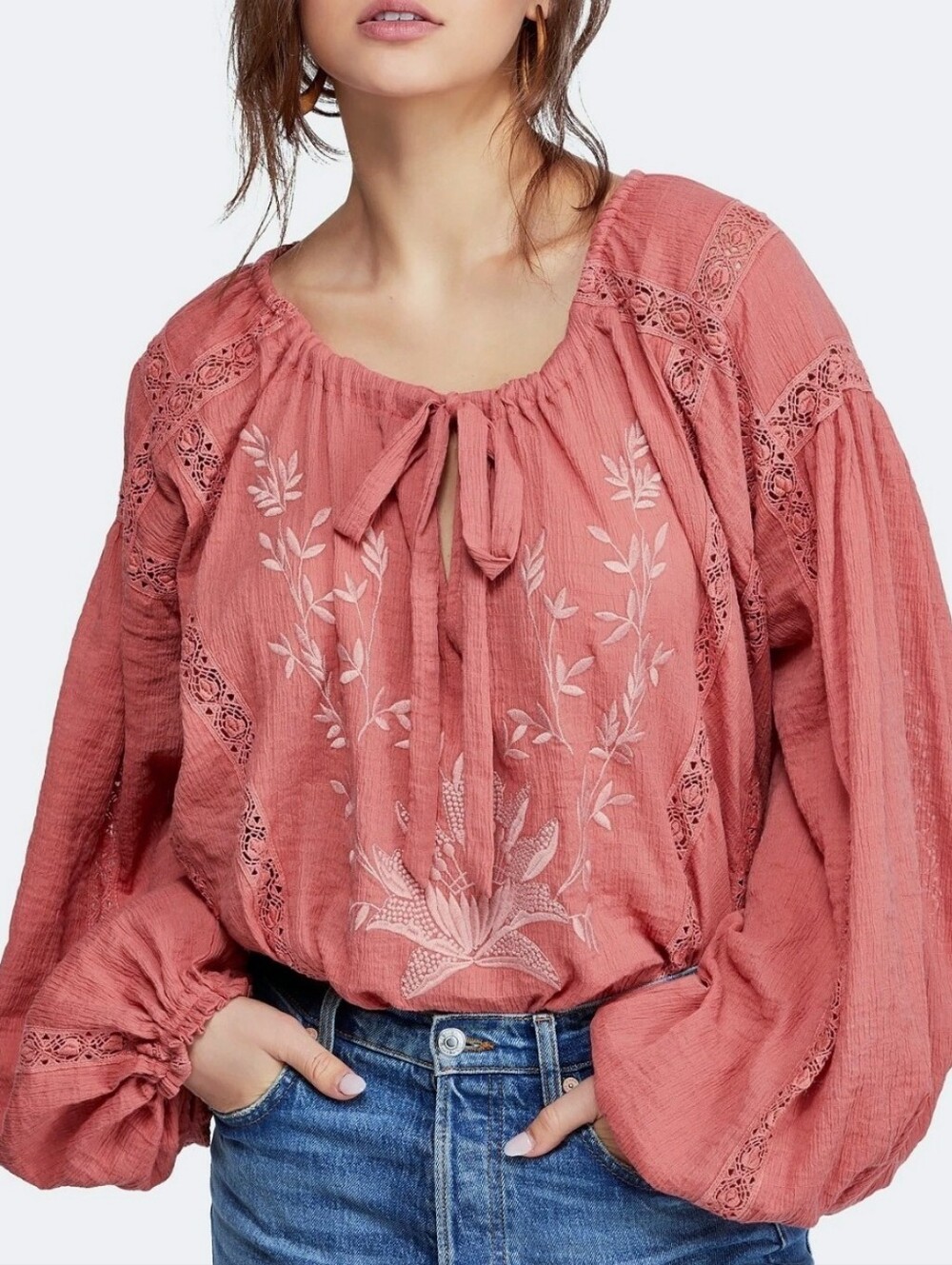 FREE PEOPLE Maria Maria Top M Embroidered Boho Athena Red Terracotta